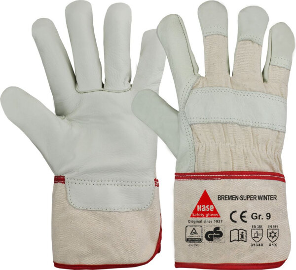 Hase BREMEN SUPER WINTER, Arbeitshandschuh aus Rindnarbenleder, Größe 8-12, Kat. II, EN 388, EN 511, TÜV GS
