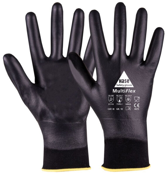 Hase MultiFlex, Chemikalienschutzhandschuh Typ C aus Nylon / PU, Größe 7-10, Kat. III, EN 388, EN 374-1, EN 374-5 VIRUS