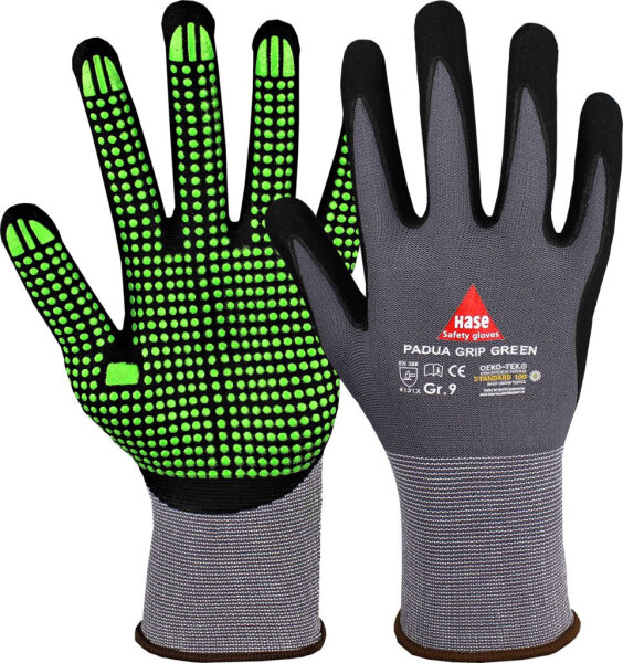 Hase PADUA GRIP GREEN, Montagehandschuh aus Nylon / Nitrilschaum, mit Benoppung, Größe 6-11, Kat. II, EN 388, OEKO-TEX®