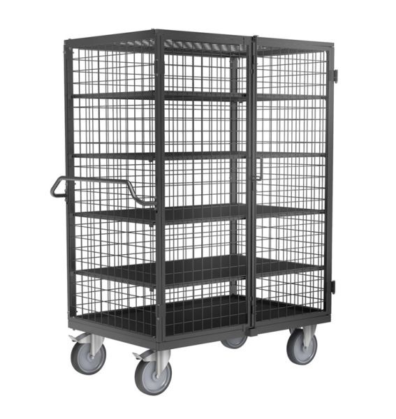 Kongamek Multi-Etagenwagen, ohne Bremse (2 Bockrollen, 2 Lenkrollen), (LxBxH) 1000 x 700 x 1800, 500kg Tragfähigkeit, blau pulverlackiert, 5 Böden, melaminbeschichtete MDF Platten