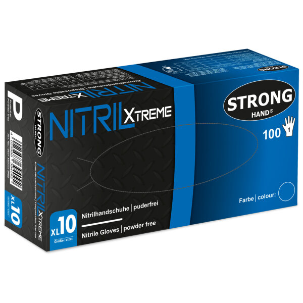 STRONGHAND® Nitrilhandschuh *XTREME BLUE*, Blau, Puderfrei, Kat. 3, EN 374, EN 21420, Lebensmittelgeeignet, Gr. 7(S) - 10(XL), Dispenserbox à 100 Stück