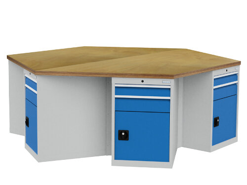 Bedrunka+Hirth, 6-Eck-Werkbank, Breite 2500mm, 6 x Schubladenschrank, 03.66.11/450VA