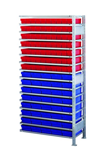 Schulte Lagertechnik Anbauregal, Kleinteileregal-Set 2 MULTIplus150, verzinkt, 16 Fachböden, 70 Regalkästen (83x93x300 mm) rot, 40 Regalkästen (83x186x300 mm) blau