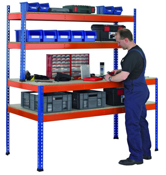 Schulte Lagertechnik Z1-Packtisch, blau / orange, mit Regalebenen, Tischebene 320 kg, Fachlast Regalebene 200 kg
