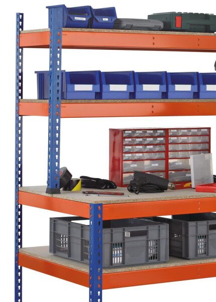 Schulte Lagertechnik Z1-Packtisch, blau / orange, mit Regalebenen, Tischebene 320 kg, Fachlast Regalebene 200 kg
