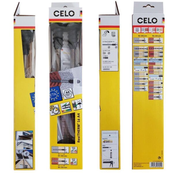 CELO ResiTHERM® 16, 2er Set, Gewindestange M16x350 galvanisch verzinkt, Anschlussgewinde M12x70 nichtrostender Stahl A4, ETA Zulassung