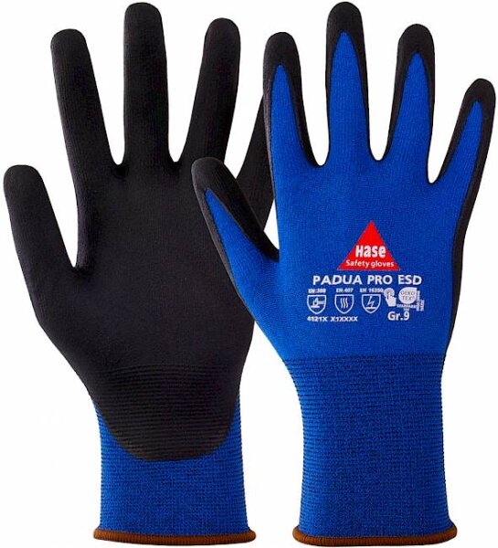 Hase Padua Pro ESD, antistatischer Montagehandschuh aus Nylon-/Carbonstrick, Micro-Nitrilschaum, Größe 6-12, Gauge 18, touchfähig, OEKO-TEX®, Kat. II, EN 388, EN 407, EN 16350
