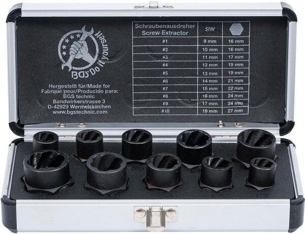 BGS Diy Spiral-Profil-Steckschlüssel-Satz / Schraubenausdreher | Antrieb Innensechskant 10 mm (3/8") / Außensechskant | SW 9 - 19 mm | 10-tlg.