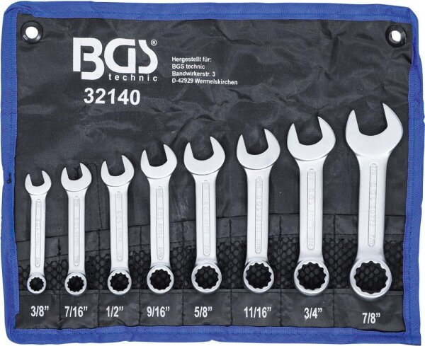 BGS Maul-Ringschlüssel-Satz | extra kurz | Zollgrößen | SW 3/8" - 7/8" | 8-tlg.