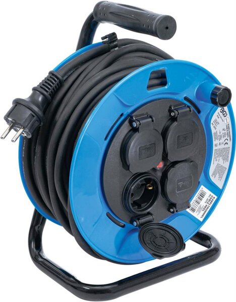 BGS Kabeltrommel | 25 m | 3 x 1,5 mm² | 4 Steckdosen mit Verschlusskappe | IP 44 | 3500 W