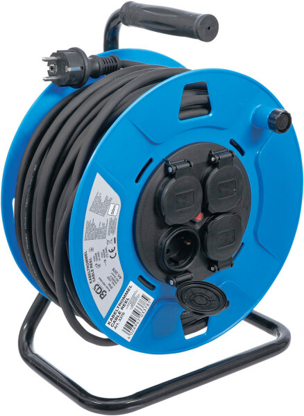 BGS Kabeltrommel | 50 m | 3 x 1,5 mm² | 4 Steckdosen mit Verschlusskappe | IP 44 | 3500 W