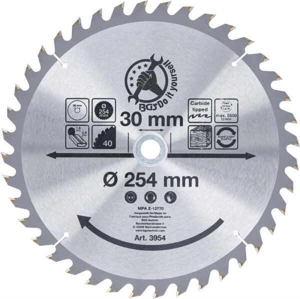 BGS Diy Hartmetall-Kreissägeblatt | Ø 254 x 30 x 3,2 mm | 40 Zähne