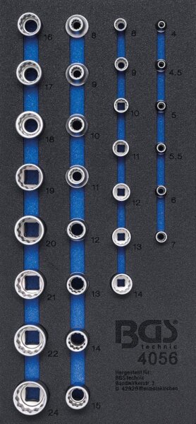 BGS Werkstattwageneinlage 1/3: Steckschlüssel-Einsätze Zwölfkant | 6,3 mm (1/4") / 12,5 mm (1/2") | 29-tlg.