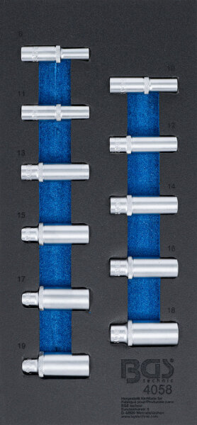 BGS Werkstattwageneinlage 1/3: Steckschlüssel-Einsätze Sechskant | 10 mm (3/8") | 8 - 19 mm | tief | 11-tlg.