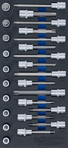 BGS Werkstattwageneinlage 1/3: Bit-Einsatz-Satz | Antrieb Innenvierkant 12,5 mm (1/2") | T-Profil (für Torx) | 26-tlg.