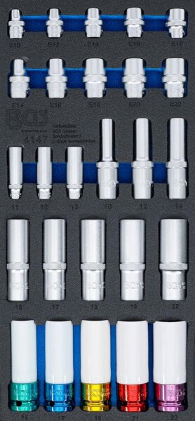 BGS Werkstattwageneinlage 1/3: Steckschlüssel-Einsätze | Sechskant, tief 11 - 22 mm | E-Profil E10 - E22 | 6,3 mm (1/4"), 10 mm (3/8"), 12,5 mm (1/2") | 26-tlg.