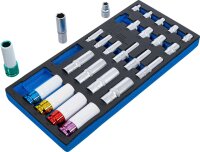 BGS Werkstattwageneinlage 1/3: Steckschlüssel-Einsätze | Sechskant, tief 11 - 22 mm | E-Profil E10 - E22 | 6,3 mm (1/4"), 10 mm (3/8"), 12,5 mm (1/2") | 26-tlg.