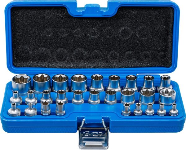 BGS Steckschlüssel-Einsatz-Satz, E-Profil | Antrieb Innenvierkant 6,3 mm (1/4") / 12,5 mm (1/2") | SW E4 - E24 | 28-tlg.