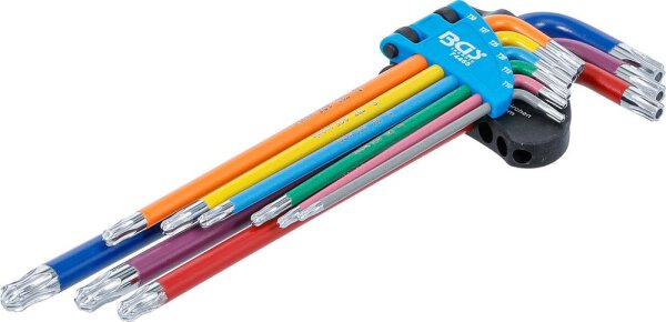 BGS Winkelschlüssel-Satz | Multicolour | extra lang | T-Profil (für Torx) mit Bohrung und Kugelkopf T10 - T50 | 9-tlg.