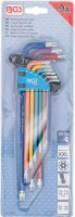 BGS Winkelschlüssel-Satz | Multicolour | extra lang | T-Profil (für Torx) mit Bohrung und Kugelkopf T10 - T50 | 9-tlg.