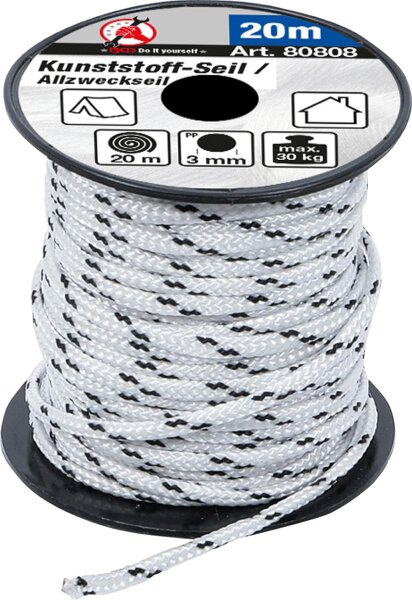 BGS Diy Kunststoff-Seil / Allzweckseil | 3 mm x 20 m | schwarz / weiß