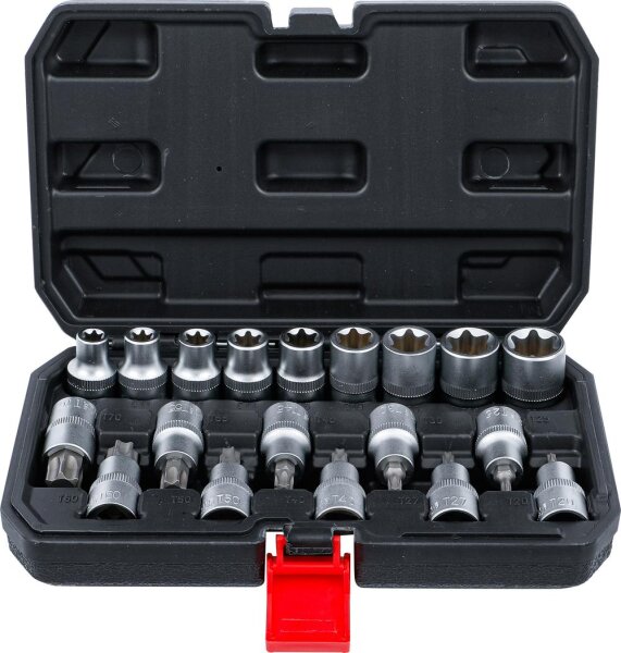 BGS Diy Bit-Einsatz-/Steckschlüssel-Satz | Antrieb Innensechskant 12,5 mm (1/2") | T-Profil (für Torx) / E-Profil | 19-tlg.